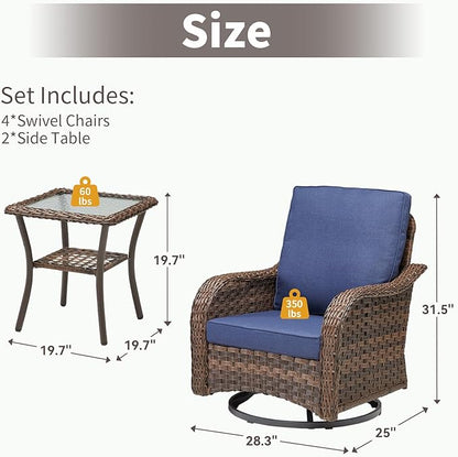 Patio Wicker Chairs Swivel Rocker-Outdoor Swivel Rocker Chair Set of 4 with Wicker Glider Rocker Set, PE Rattan Rocking Chair with 2 Side Table for Balcony Deck Porch Brown/Blue
