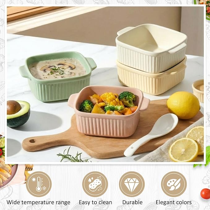 LemonRoad 4 Pcs Small Ceramic Baking Dishes with Dual Handles, 13.5 oz Oven Safe Individual Casserole Pan Ramekin Bowls Microwave Dishwasher Safe for Serving, Desserts Storage(Square)