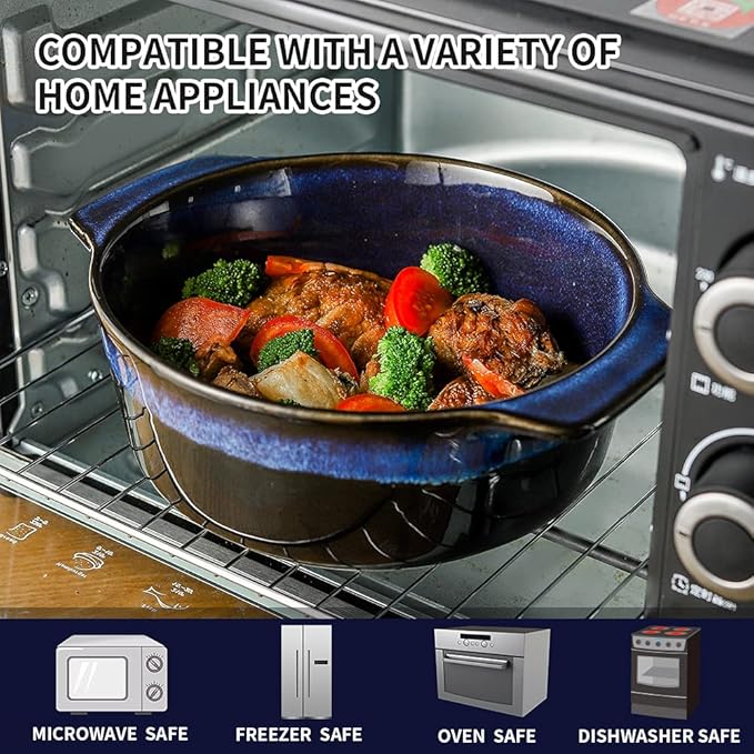 KOOV Ceramic Casserole Dish with Lid - 2 Quart, 9 Inch Round Baking Dish, Oven Safe, Reactive Glaze