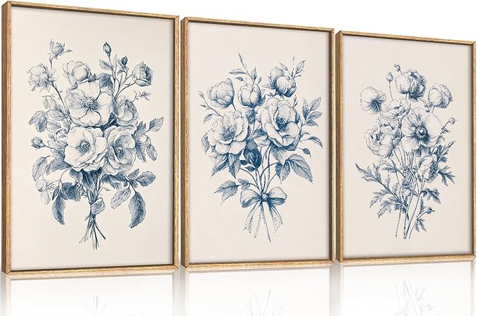 KAIRNE Navy Blue Floral Framed Canvas Wall Art Set,Vintage Botanical Flower Wall Decor,Modern Minimalist Bouquet Art Prints,Neutral Rose Artwork for Living Room,Bedroom,Farmhouse,Office-16 x24 x3