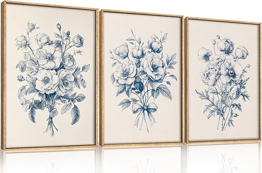 KAIRNE Navy Blue Floral Framed Canvas Wall Art Set,Vintage Botanical Flower Wall Decor,Modern Minimalist Bouquet Art Prints,Neutral Rose Artwork for Living Room,Bedroom,Farmhouse,Office-16 x24 x3