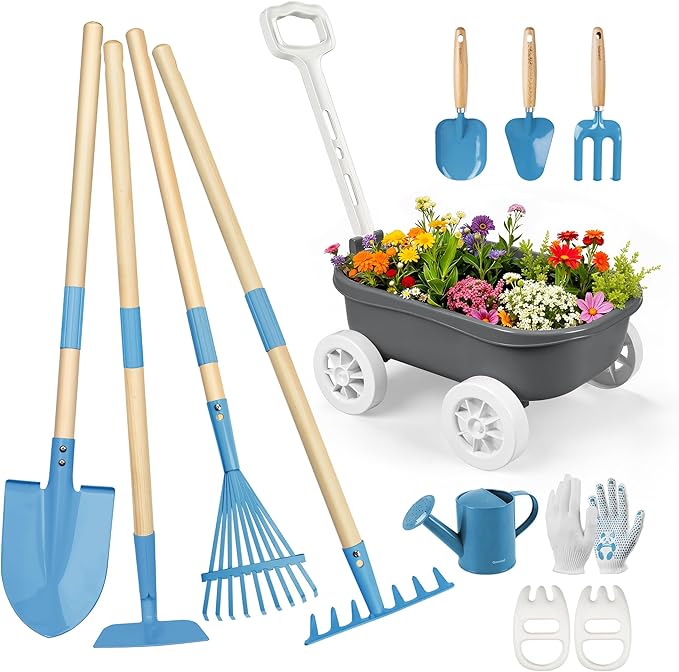 Kids Gardening Set with Wheelbarrow, 11-Piece Outdoor Yard, Beach, STEM Garden Play Kit with Child-Sized Tools, Durable, Safe & Fun Gift Toy for Ages 2+ Kids Toddlers Boys Girls (Gray)