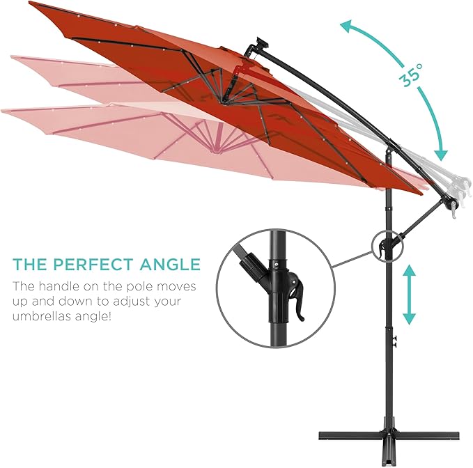 Best Choice Products 10ft Solar LED Offset Hanging Market Patio Umbrella for Backyard, Poolside, Lawn and Garden w/Easy Tilt Adjustment, Polyester Shade, 8 Ribs - Rust