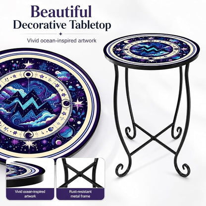 15 Inch Tall Patio Side Table, Small Patio Table for Outdoor Deck Porch Poolside, Ocean Wave Metal End Table, Rust Resistant Garden Stool Matches Mosaic Outdoor Side Table Decor