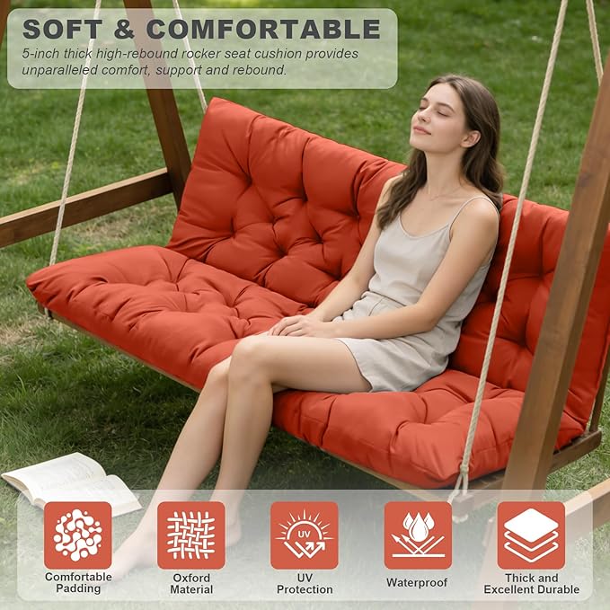 Porch Swing Cushions,Outdoor Cushions 3 Seater Replacement with Backrest, Waterproof Thickened Bench Cushion with Ties for Porch, Patio,Outdoor, Backyard and Garden (Orange 60 * 40 in)