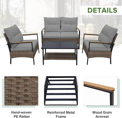 EAGLE PEAK 4 Piece Mojave Dusk Outdoor Conversation Set, Patio Wicker Furniture, Loveseat, 2 Patio Chairs and Coffee Table, Brown/Gray