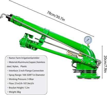 2-inch farm irrigation nozzle with pressure gauge, 360 ° rotating large area water spray, 3-8 bar working pressure, flange connection, suitable for farmland, tea，gardens, parks, construction sites...