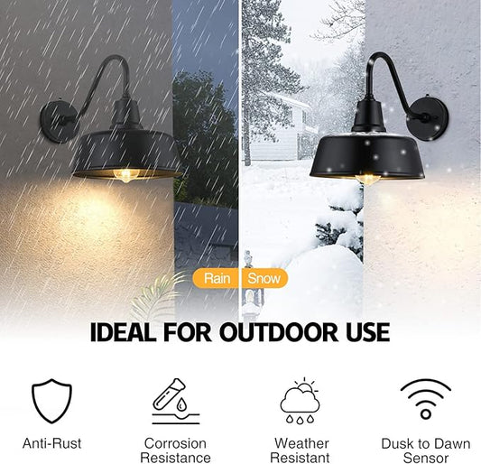 Barn Lights Outdoor Gooseneck Lighting, Dusk to Dawn Black Exterior Barn Lights for House, Farmhouse Wall Lighting Fixtures with Sensor for Porch Garage (2, 11" Diameter)