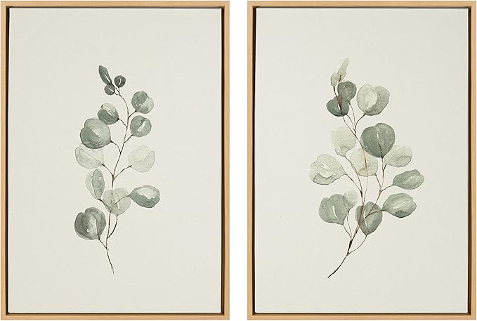 Kate and Laurel Sylvie Eucalyptus 4a & Eucalyptus 4b Framed Canvas Wall Art Set By Maja Mitrovic of Makes My Day Happy, 2 Piece 23x33 Natural, Simple Neutral Botanical Art Wall Décor