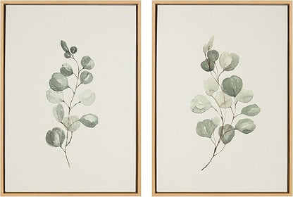 Kate and Laurel Sylvie Eucalyptus 4a & Eucalyptus 4b Framed Canvas Wall Art Set By Maja Mitrovic of Makes My Day Happy, 2 Piece 23x33 Natural, Simple Neutral Botanical Art Wall Décor