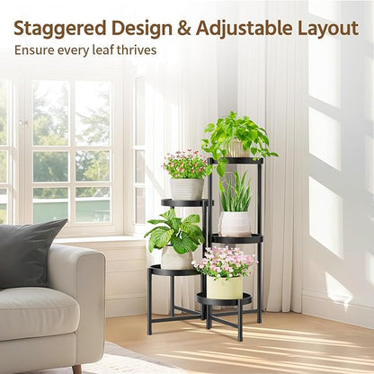 LASZOLA 5 Tier Large Plant Stand Indoor Tall with 10 Inch Metal Tray, Corner Folding Flower Display Rack, Modern Plant Holder Shelf for Outdoor Patio Porch Garden Office Living Room, Black