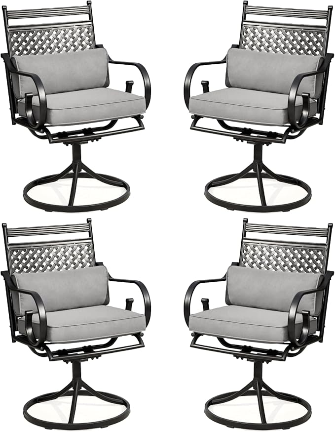 MELLCOM Patio Swivel Chair Set of 4, Heavy Duty Outdoor Dining Chairs with Cushions and Lumbar Pillows, Metal Patio Chairs Gentle Rocker for Outside, Garden Lawn & Porch, Backyard, Grey