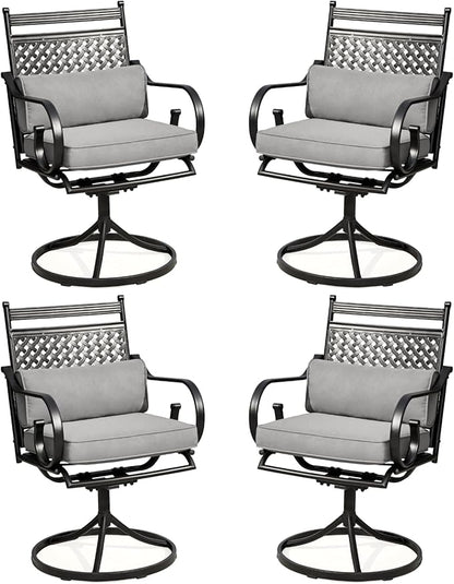 MELLCOM Patio Swivel Chair Set of 4, Heavy Duty Outdoor Dining Chairs with Cushions and Lumbar Pillows, Metal Patio Chairs Gentle Rocker for Outside, Garden Lawn & Porch, Backyard, Grey