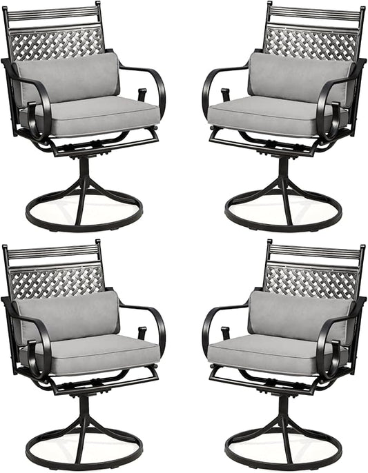 MELLCOM Patio Swivel Chair Set of 4, Heavy Duty Outdoor Dining Chairs with Cushions and Lumbar Pillows, Metal Patio Chairs Gentle Rocker for Outside, Garden Lawn & Porch, Backyard, Grey