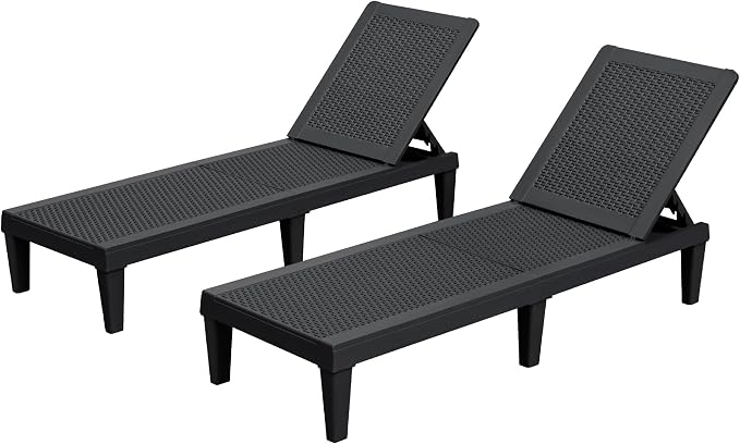 Homall Outdoor Lounge Chairs Set of 2, Quick Assembly & Waterproof Patio Chaise Lounge with Adjustable Backrest for Poolside, Beach, Garden (Black)