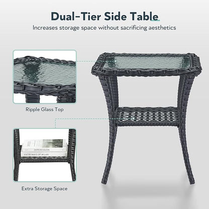 Outdoor Swivel Glider Rocker Chairs - 3 Piece Patio Furniture Set, Patio Bistro Sets with Tempered Glass Side Table, for Balcony, Porch - Black Wicker Beige Cushion
