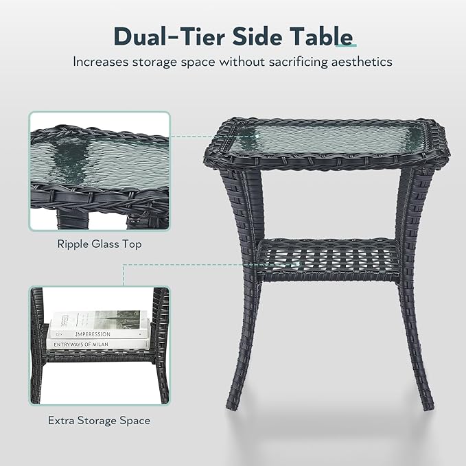 7 Piece Patio Furniture Set with Fire Pit Table - Wicker Patio Conversation Set with Swivel Glider, Glider Loveseat, Side Table and 2 Ottomans for Deck Backyard - Black Wicker Beige Cushion