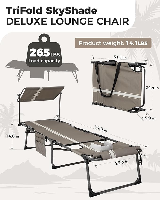 KingCamp Tanning Chair with Face Hole, Lounge Chairs Outdoor Folding Portable Comfy Adjustable 5-Position Foldable Chaise Chaser with Canopy Shade for Outside Beach Patio Sun Bathing Pool, Beige/White