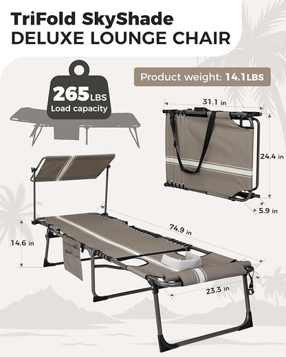 KingCamp Tanning Chair with Face Hole, Lounge Chairs Outdoor Folding Portable Comfy Adjustable 5-Position Foldable Chaise Chaser with Canopy Shade for Outside Beach Patio Sun Bathing Pool, Beige/White
