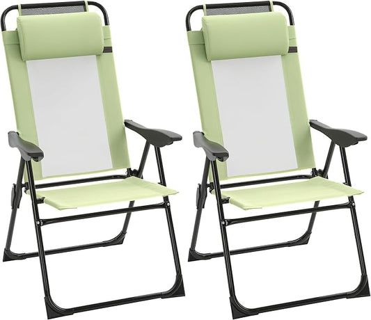 Outsunny Folding Patio Dining Chairs Set of 2, Outdoor Deck Chair with Adjustable Sling Back, Camping Chair with Removable Headrest for Garden, Backyard, Lawn, Green