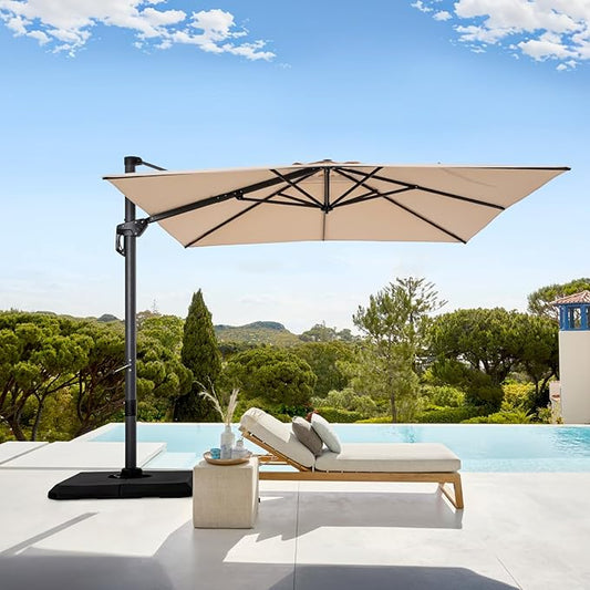 GREEN PARTY 10x10 ft Cantilever Patio Umbrella with Base, Rectangle Offset Outdoor Umbrellas with 360° Rotation, 5-Year-Non-Fading Hanging Pool Umbrella for Garden Deck Poolside - Beige