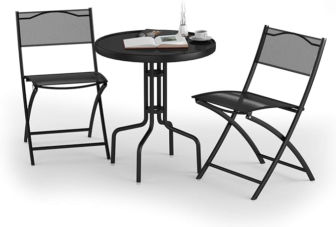 Giantex 3 Pcs Bistro Set Garden Backyard Round Table Folding Chairs, with Rust-Proof Steel Frames & Reinforced Glass Design Outdoor Patio Furniture, Black