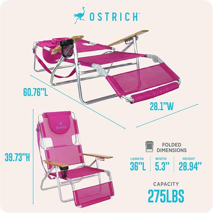 Ostrich The Original 3N1 Lightweight Lawn Beach Reclining Lounge | Chair with Footrest, Outdoor Furniture for Patio, Balcony, Backyard, or Porch, Pink