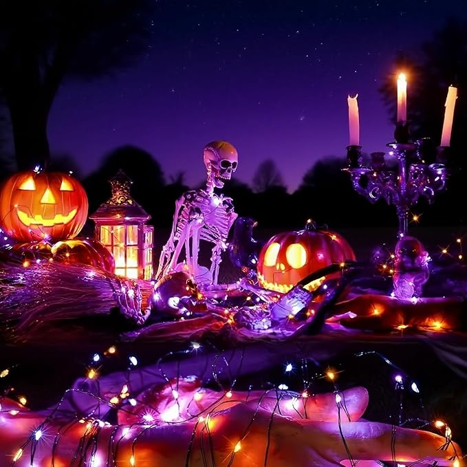 YEGUO Orange and Purple Halloween Lights Outdoor Waterproof, 4 Packs Each 33ft 100 LED Solar Fairy Light,8 Modes Black Wire String Lights