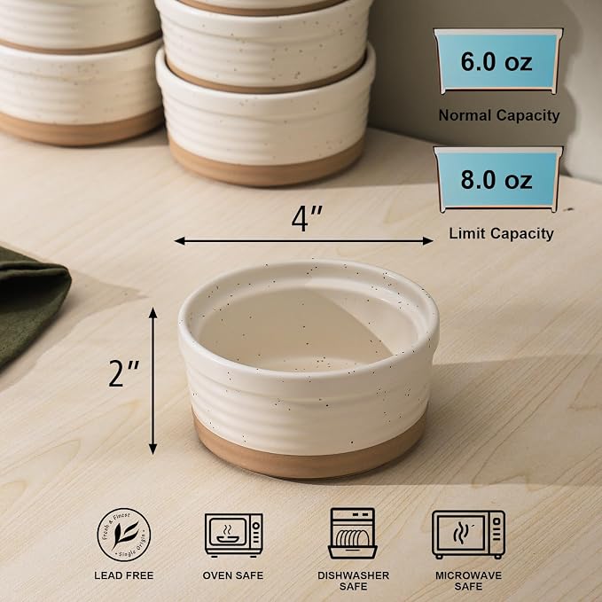 Frewinky Ceramic Ramekins 8 oz Set of 6 for Creme Brulee and Custard Cups | Six 8 oz ceramic ramekins for creme brulee, souffle, custard, pudding and desserts