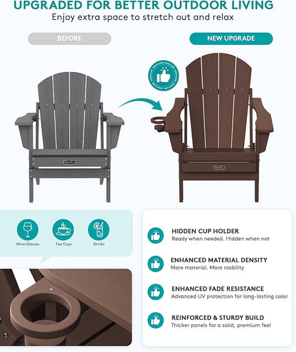 SERWALL Folding Adirondack Chair Set of 2, All Weather Adirondack Chairs with Cup Holder for Patio Garden Outdoors Fire Pit - Coffee