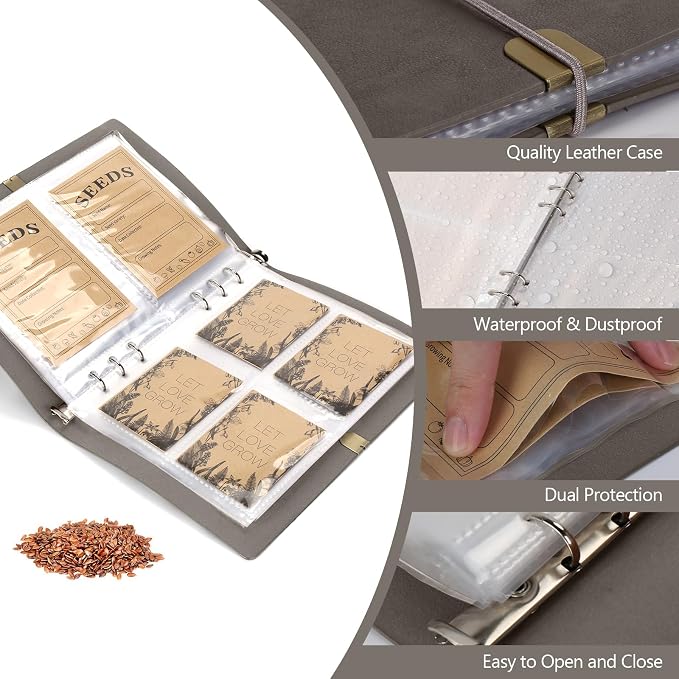 Seed Storage Organizer, Seed Packet Organizer Binder with 80Pcs Garden Seeds Storage Envelopes and 40 Clear Pocket Sheet Protectors for Protecting Vegetable Seeds (Gray, 9.1 x 6.5inch)