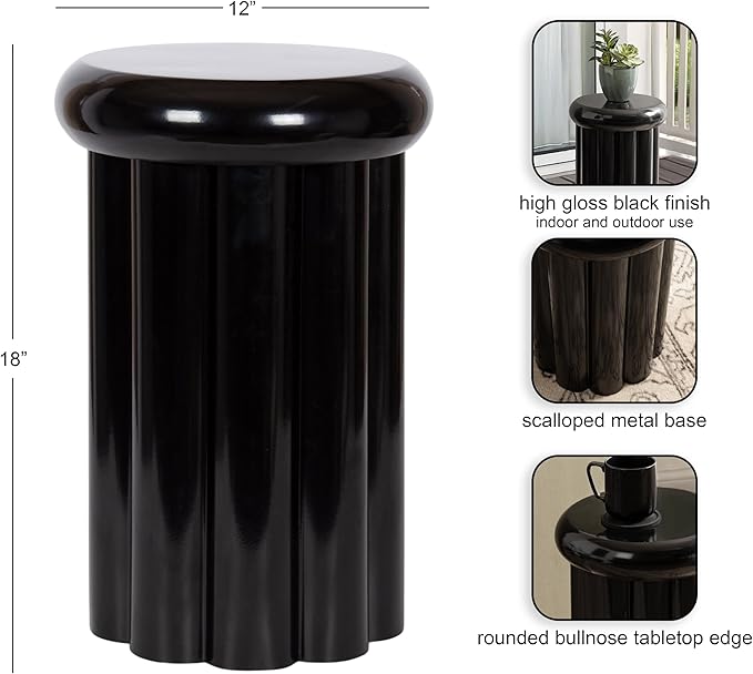 Kate and Laurel Jace Modern Metal Round Side Table, 12 x 12 x 18, Black, Transitional Dorm Living Room Scalloped End Table for Use as Bedroom Nightstand or Outdoor Patio Decor Option