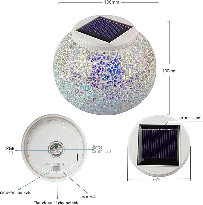 Waterproof Color Changing Table Lamp, Solar Powered Mosaic Glass Ball LED Garden Lawn Night Light Lamps, Party Lights for Home,Yard, Indoor,Outdoor Decoration Lights (Silver)