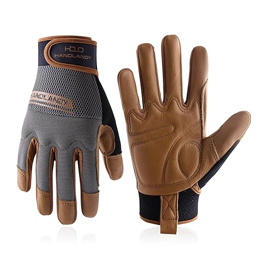 HANDLANDY Leather Work Gloves Mens & Women, Utility Safety Mechanic Working Gloves Touch Screen, Flexible Breathable Yard Work Gloves (XXL, Brown-Cowhide Palm)