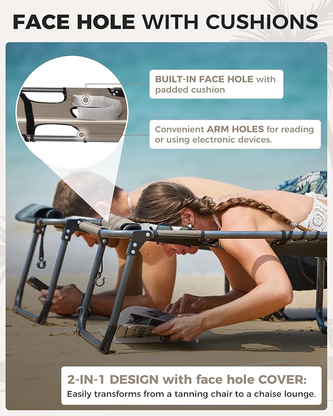 KingCamp Tanning Chair with Face Hole, Lounge Chairs Outdoor Folding Portable Comfy Adjustable 5-Position Foldable Chaise Chaser with Canopy Shade for Outside Beach Patio Sun Bathing Pool, Beige/White