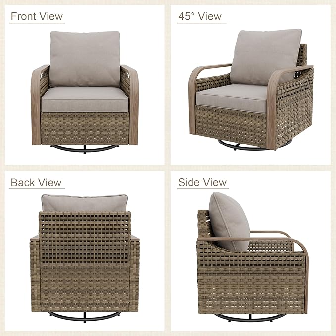 Modern Wicker Bistro Table and Chairs Set, Rattan Outdoor Bistro Set for Patio, Wicker Patio Swivel Rocking Chairs & Table, 3 Pieces, Brown/Gray