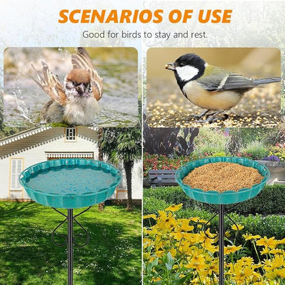 Metal Bird Bath for Outside,Cyan Bird Baths & Feeder with Hummingbird Pattern Metal Disc 5-Pronged Base Stakes for Outdoors,Birdbath for Garden,Patio,Lawn Decor