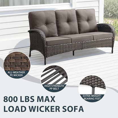 7 Piece Patio Furniture Set - Wicker Patio Conversation Set with Swivel Glider, 3 Seat Sofa, 2 Ottomans, Glass Side Table and Coffee Table for Deck Backyard - Brown Wicker Grey Cushion
