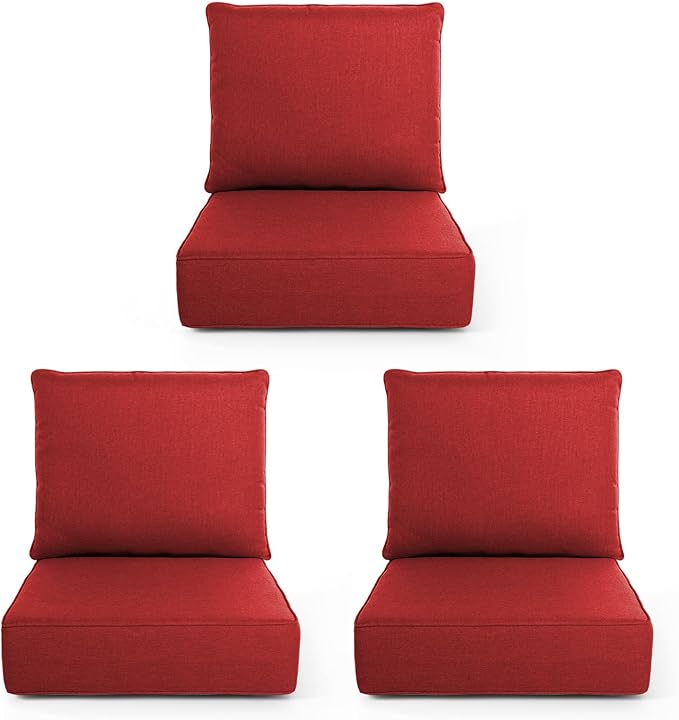 Outdoor Chair Cushions, 6 Inch Thick Patio Seat & Back Cushions Set with Removable Cover, Waterproof Patio Cushions for Outdoor Furniture, 22 x 24 Inch, Red 3-Set