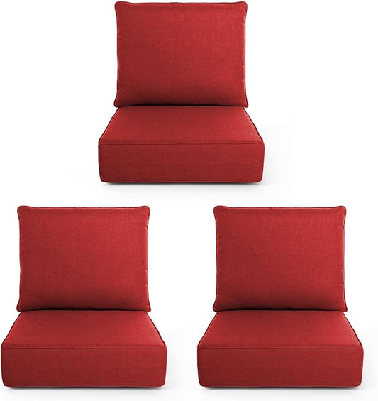 Outdoor Chair Cushions, 6 Inch Thick Patio Seat & Back Cushions Set with Removable Cover, Waterproof Patio Cushions for Outdoor Furniture, 22 x 24 Inch, Red 3-Set