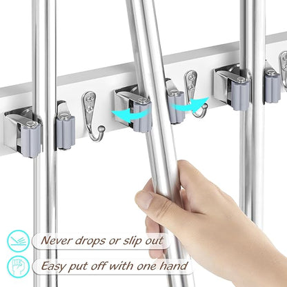 OUTNILI 2 Pack Mop Broom Holder Wall Mount - White Wood Broom Mop Hanger - Wall Mounted Garden Tool Rack Organizer for Closet Garage Laundry Room, 4 Slots & 4 Hooks
