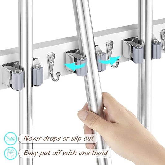 OUTNILI 2 Pack Mop Broom Holder Wall Mount - White Wood Broom Mop Hanger - Wall Mounted Garden Tool Rack Organizer for Closet Garage Laundry Room, 4 Slots & 4 Hooks