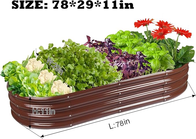 Rakukiri Raised Garden Bed GRS Certified Galvanized Planter Box Outdoor, 6.5ft Oval Rot-Resistant Metal Garden Bed Planter, Recycled Material Planter for Vegetables Flowers Herbs (Brown)