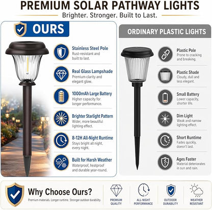 Solar Lights Outdoor, 6 Pack Metal Solar Pathway Lights, Heavy Duty Stainless Steel & Glass, Auto On/Off Waterproof Garden Lights for Driveway Landscape Walkway Yard Outdoor Decor (Warm White)