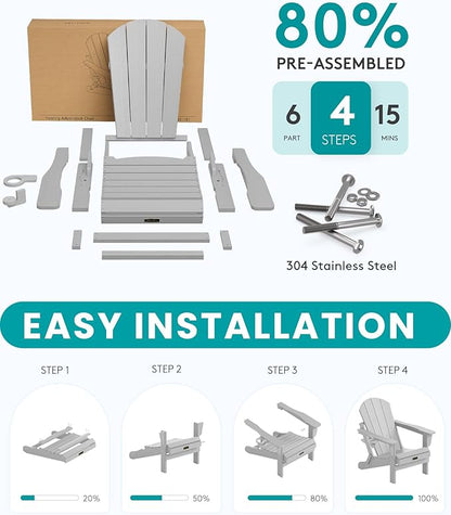 SERWALL Folding Adirondack Chair Set of 4, Weather Resistant HIPS Patio Chairs with Cup Holder for Garden Outdoors Fire Pit- Spanish Gray