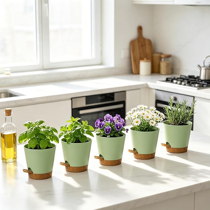 5 Pack 5 Inch African Violet Pots Self Watering, Self-Watering Planters with Drainage Holes & Reservoir, Green Brown Plastic Pots for Indoor Outdoor Plants, Succulents & Flowers