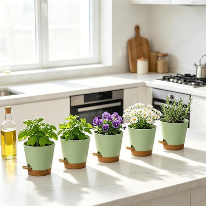 5 Pack 5 Inch African Violet Pots Self Watering, Self-Watering Planters with Drainage Holes & Reservoir, Green Brown Plastic Pots for Indoor Outdoor Plants, Succulents & Flowers