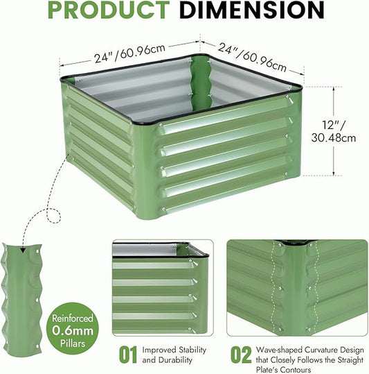 INNO STAGE Galvanized Raised Garden Bed Kits, 2x2x1ft Metal Raised Garden Beds Outdoor, Steel Raised Planter Bed with Gloves for Vegetables & Flowers Patio Ground Planter Box (Olive Green, 2PCS)