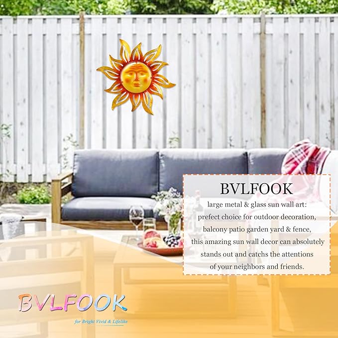 Metal Sun Outdoor Wall Art Decor Large 19 Inch, Hanging for Valentine Patio Garden Fence Deck Yard Pool Wall Sculpture Decoration for Living Room Bedroom Colorful Unique