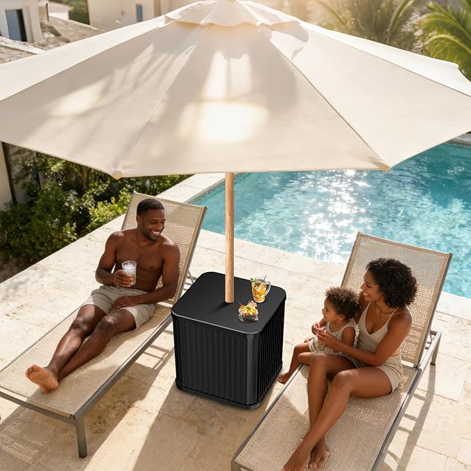 Umbrella Side Table Outdoor Patio Table with Umbrella Hole, Heavy Duty Plastic Poolside Table Holds 132 lbs with Water Filled Base, Fits ≤1.5”Umbrella Pole for Poolside & Backyard, White